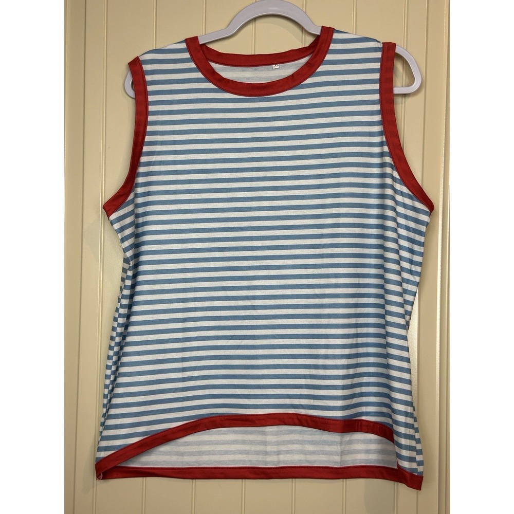 Red White Blue sleeveless striped‎ nautical patriotic USA shirt sz XL